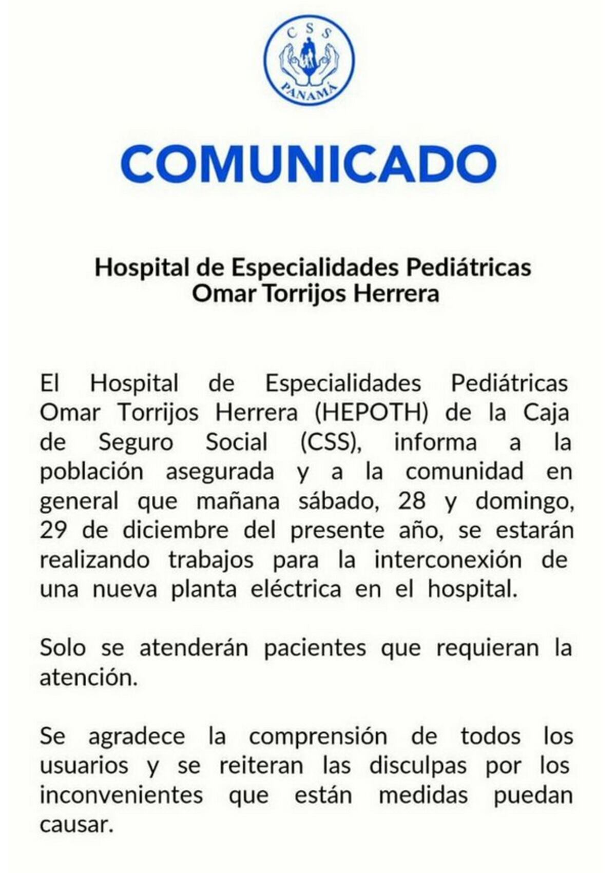 Atentos: Hospital de Especialidades Pediátricas solo atenderá urgencias durante este fin de semana