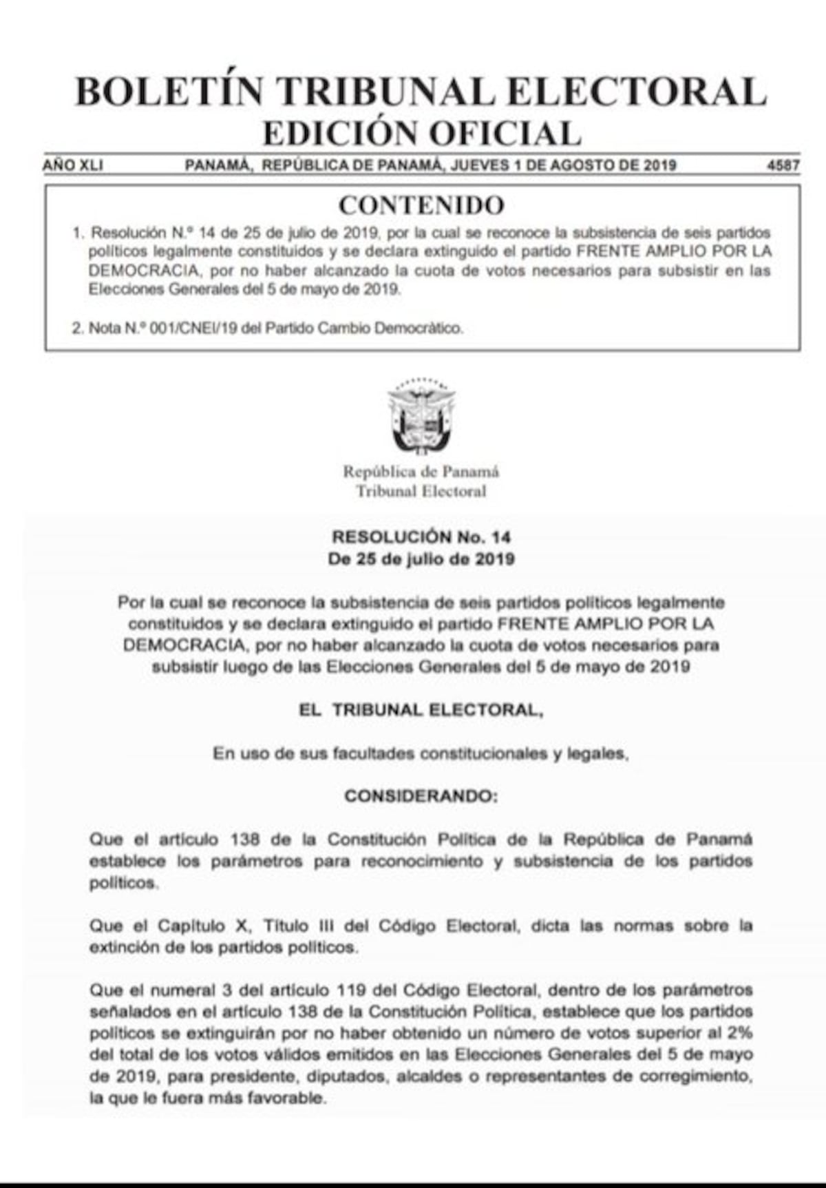 Oficial. Desaparece el partido Frente Amplio por la Democracia, FAD