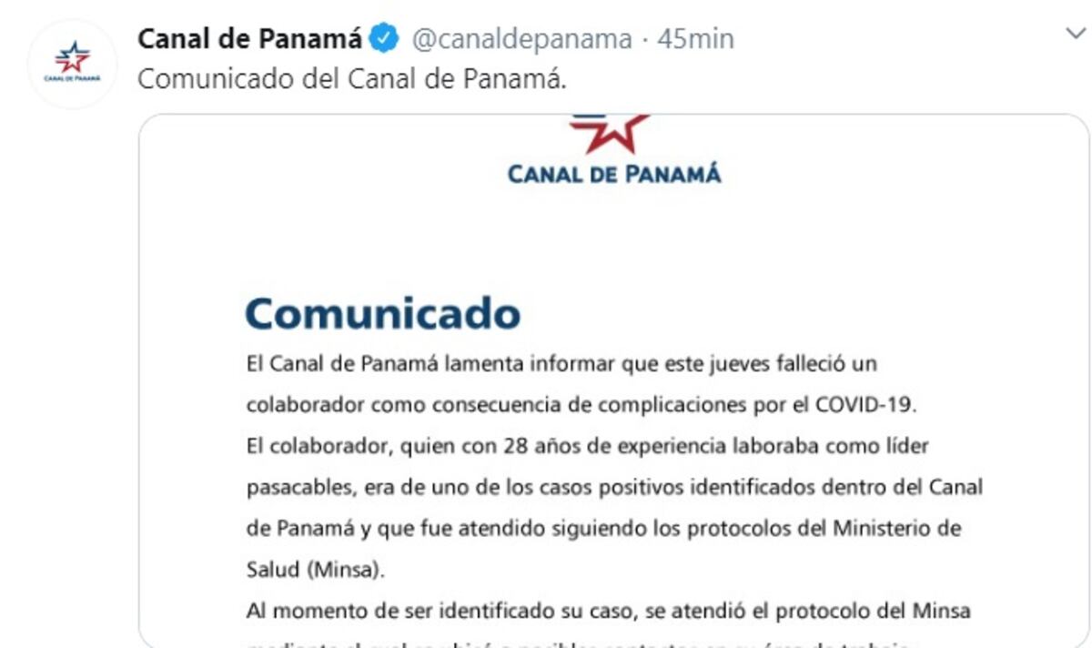 Canal de Panamá confirma la muerte de uno de sus colaboradores por Covid-19