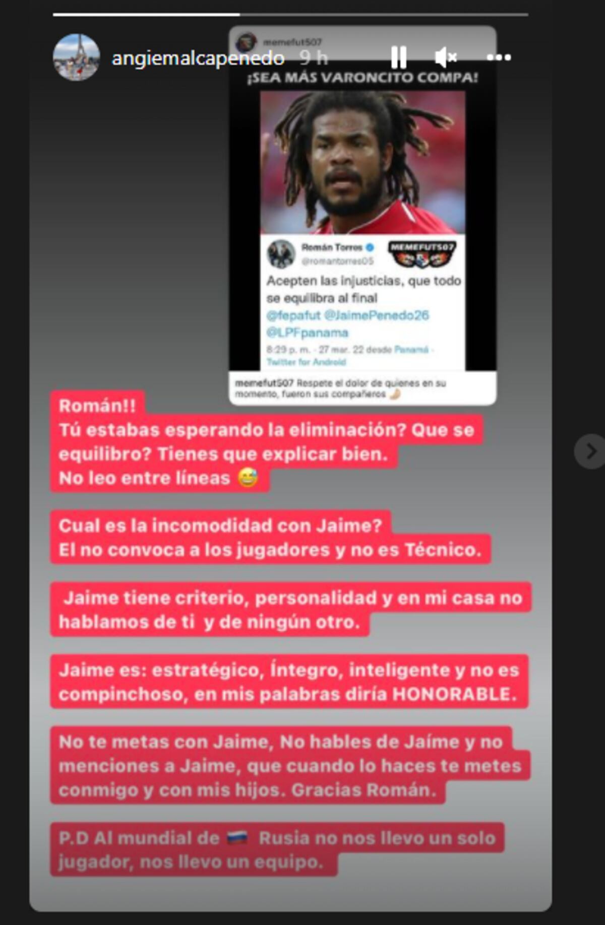 Román Torres enciende las redes con varios tuits. Esposa de Penedo lo repela