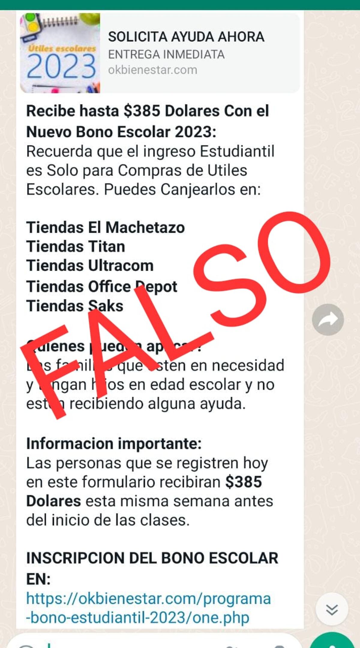 Cuidado. Circula en WhatsApp inscripción para supuesto bono escolar por $385