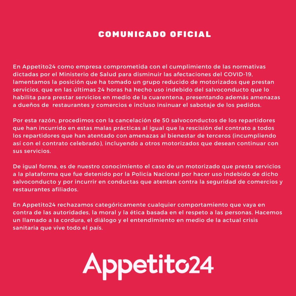 Cancelan 50 salvoconductos de Appetito24 por uso inadecuado. Motorizados protestan alegando conflicto laboral