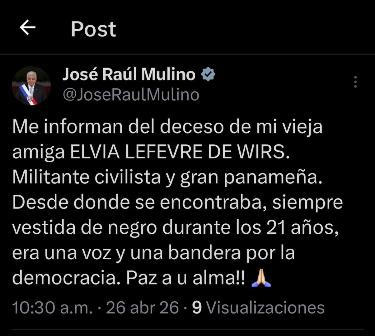 ÚLTIMA HORA. Confusión por mensaje de Mulino sobre  su amiga Elvia Lefevre de Wirz: aseguran que SIGUE VIVA