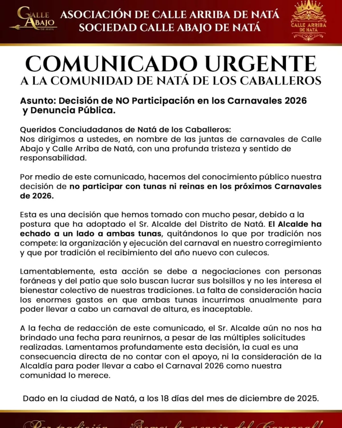 Sin tunas ni reinas: Calle Arriba y Calle Abajo de Natá dicen ‘NO’ a los Carnavales 2026