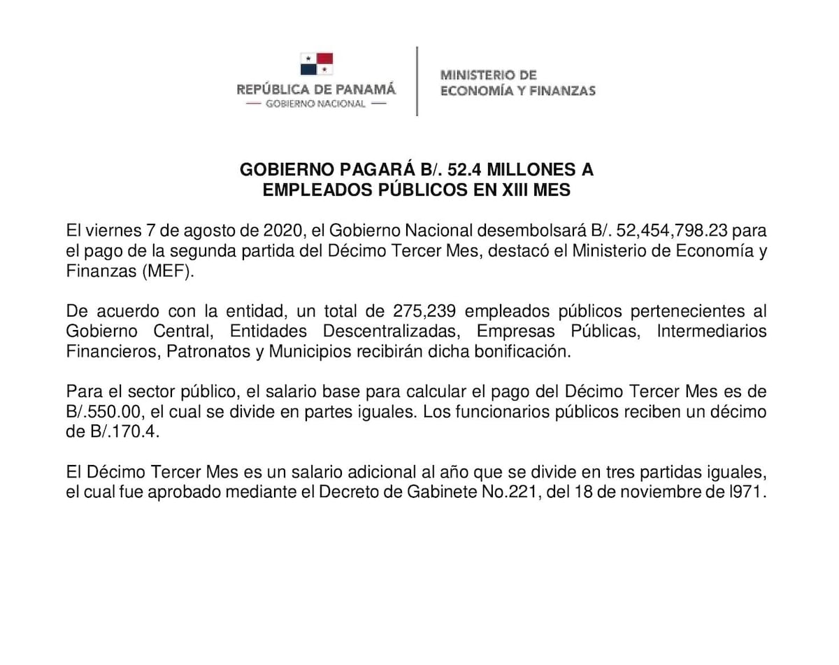 ¡A ahorrar! Gobierno pagará el Décimo Tercer Mes este 7 de agosto